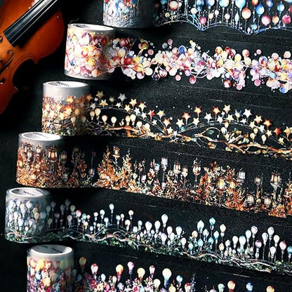 6 Rolls Holographic PET Tape Stickers for Journaling,Romantic Lights Series Glitter Washi Tape,Self-Adhesive Vintage Washi Tape Stickers,Decorative Tape for Scrapbook Photo Album Gift Wrap DIY Crafts