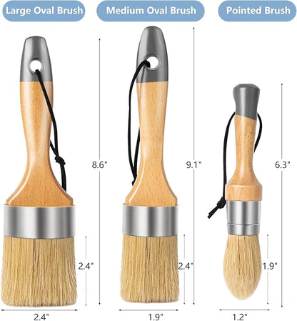 Mister Rui Chalk Paint Brushes, 3 Pack Wax Brush Set, Round Paint Brush Use with All Paints, Natural Bristle Brush for Painting, Stencils, Waxing, Home Decor, DIY Art Crafts