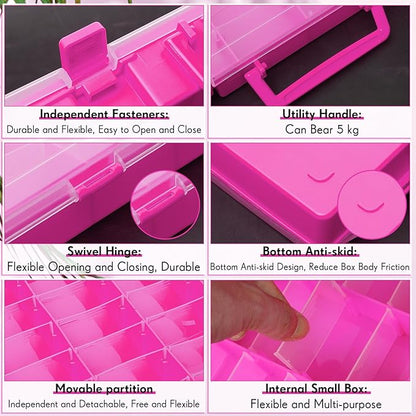 Juexica 2 Pcs Large 48 Grids Plastic Storage Bead Organizer Box, Tackle Box, Compartment Organizer Container with Adjustable Dividers for Jewelry Art Crafts Toys Screw Small Parts(Pink)