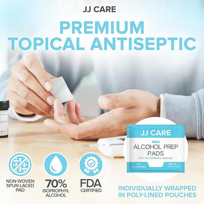 JJ CARE Large Alcohol Prep Pads [Pack of 120], 4 x 6" Sterile Prep Pads Individually Wrapped, 70% Isopropyl Alcohol Wipes, 2 Ply First Aid Swabs, Perfect for Medical, First Aid Kit & Home