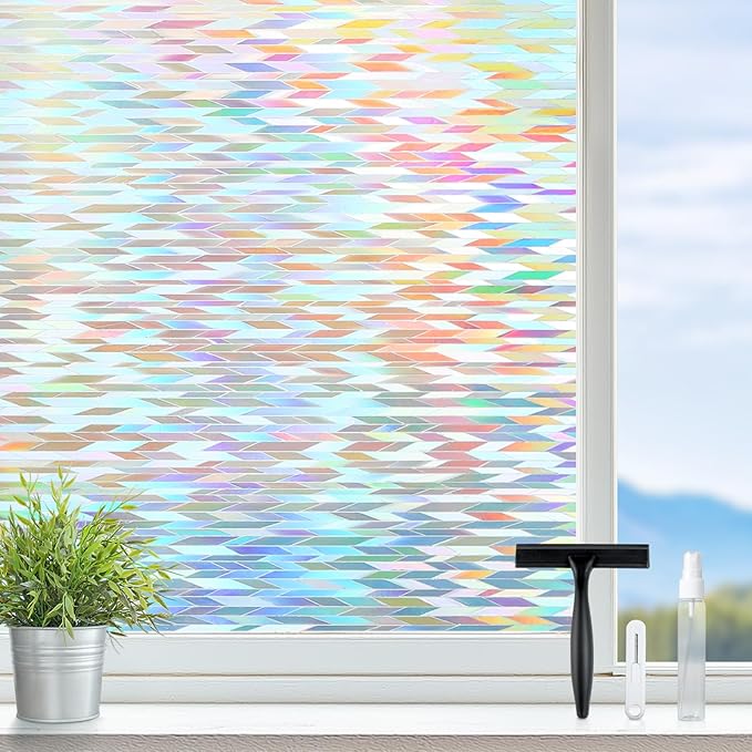 rabbitgoo Window Privacy Film with Installation Tools, Stained Glass Window Film Rainbow Prism Decorative Glass Clings for Home Decor, Static Cling Covering Sun Blocking, 17.5" x 78.7"