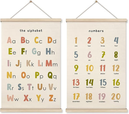 HRQKO Boho Alphabet Numbers Poster Hanger Frame Set of 2, Classroom Wall Decor, Abc Poster Wall Art with Wooden Frames, Alphabet Banner Wall Hanging Decor for Toddler Playroom Nursery, 16x24 inch