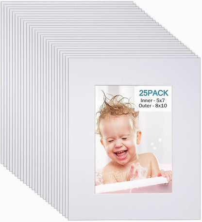 Egofine 8x10 White Picture Mats Pack of 25, Frame Mattes for 5x7 Pictures, Acid Free, 1.2mm Thickness, with Core Bevel Cut