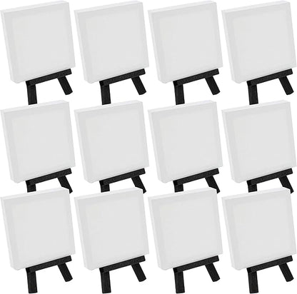 U.S. Art Supply 3" x 3" Stretched Canvas with 5" Mini Easel Kit (12 Pack) - Black Wooden A-Frame Tabletop Display Stand, Mini Easel Stand - Small Easels for Display, Small Canvases, Crafts, Photos
