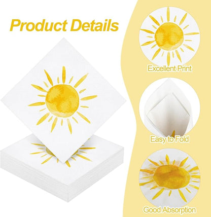 Aodaer 48 Pieces Disposable Sun Paper Napkins Sunshine Birthday Decorations Sun Party Napkins Cocktail Dinner Napkin Set 13" x 13" Unfolded Tableware Napkins for Sun Birthday Party Supplies
