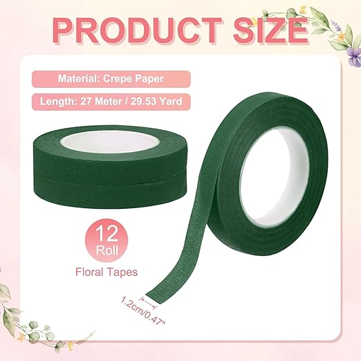 MECCANIXITY 12 Rolls Floral Tapes, 30 Yard x 1/16 in Florist Crepe Flowers Bouquets Tape Adhesive Waterproof for Flower Arranging Wrapping, Deep Green
