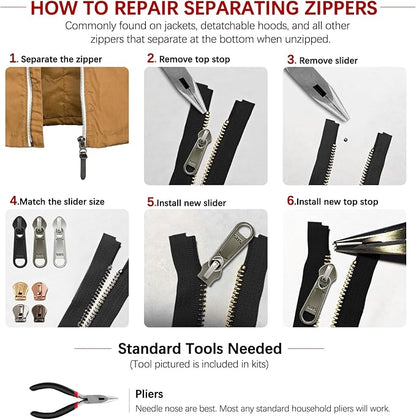 Zipper Repair Kit (188 Pcs) - Universal Fixer for Luggage, Backpacks, Jackets, Coats & Boots Includes #3#5#8#10 Sliders, Zipper Pull Replacement, Stops & Repair Tool（Non-YKK Compatible）