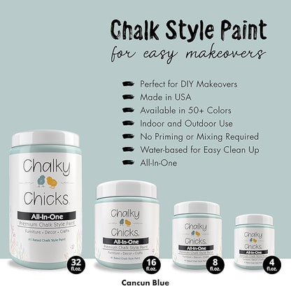 Chalky Chicks All-in-One Chalk Paint for Furniture or Cabinet - 8Fl Oz - Matte Finish Cancun Blue (Light Blue) for Metal, Wood Furniture Paint - No Sanding All-in-One for Home Decor & Crafts, USA Made