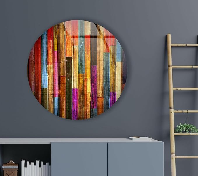 My Photostation.com 39,4''(100cm) Diameter Colorful Wood Pattern Round Glass Wall Art Tempered Glass Printing Wall Decor Large Wall Art Wall Hangings