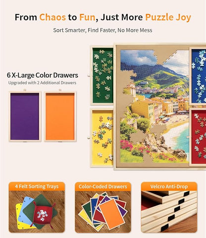 2000 Piece Rotating Puzzle Board Pro, 40" x 29" with 6 Drawers, Rubber Cover Mat, 360° Lasy Susan, Sort-Wise Colorful Felt Drawers & 4 Trays, Wooden Jigsaw Puzzle Table, Birthday Gifts for Mom