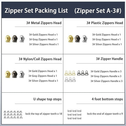 VICHERIA Zipper Repair Kit (45 Pcs), Universal Zippers for Sewing, Replacement Slider Pull Fix Kit for Jackets, Coat, Boot, Backpack, Purse (3#-B-9Pcs)