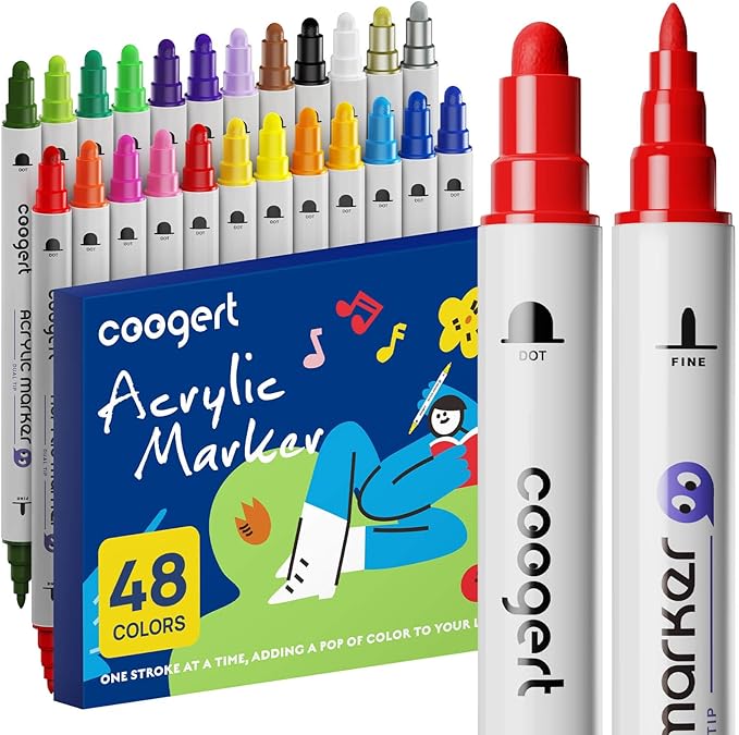48 Colors Dual Tip Acrylic Paint Markers,Fine Tip and Dot Tip Acrylic Paint Pens For Rock Painting, Canvas, Wood, Glass, Ceramic, Fabric, Plastic, Egg, Art Painting Supplies Kit