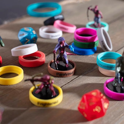 Flexible Condition Rings Status Effect Markers (120 Rings for Standard & Large)- 24 Different Conditions DND Flexible Design- Easy Affix Base Slides Under Figure- Compatible w Pathfinder & RPG Games