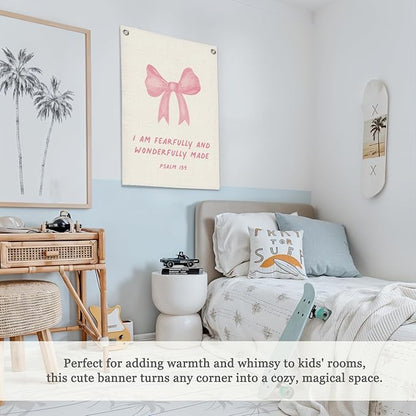 Bible Verses Wall Decor,Pink Coquette Bow Linen Canvas Banner,Christian Wall Art I Am Fearfully And Wonderfully Made Wall Hanging Flag for Kids Girl Bedroom Living Room Dorm 18x25 Inch