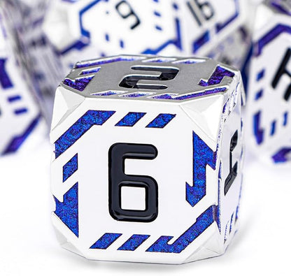 Metal DND Sci-fi Dice Set 7PCS Stripe Polyhedral Dice for Dungeons Dragons RPG Role Playing Game, Glitter D and D Dice with Gift Box D6 D8 D10 D12 D20 (Silver Blue)