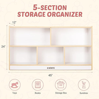 Toy Storage Organizer for Kids, 5-Compartment Wooden Storage Cabinet, Children Bookcase and Montessori Bookshelf, Book Shelf for Kids Room, Playroom, Living Room, Nursery, Classroom 24'' H(White)