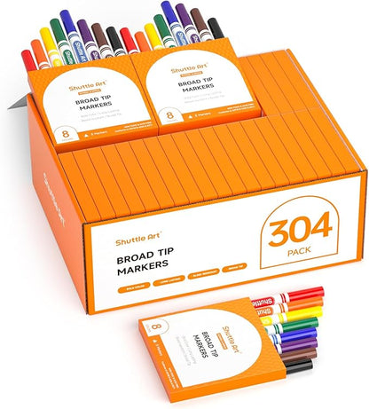Shuttle Art 304 Pack Washable Markers, 8 Colors Broad Line Markers, Separate Pack of 38, Conical Tip Marker Bulk with a Box, Home Classroom School Supplies for Toddlers Kids Adults Students Teachers