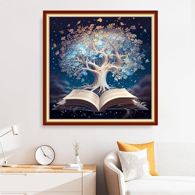 Disxvivy Cross Stitch Stamped Full Embroidery Kits DIY 11CT Cotton Thread Printed DIY Needlepoint Kits Craft Needlework Set Cross-Stitch Stamped Sets-White Tree Book 18x18 inch