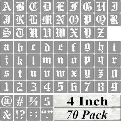 4 Inch Alphabet Letter Stencils for Painting - 70 Pack Old English Letter Stencil Templates with Numbers and Signs for Painting on Wood, Reusable Letters Stencils for Chalkboard Wood Signs & Wall Art
