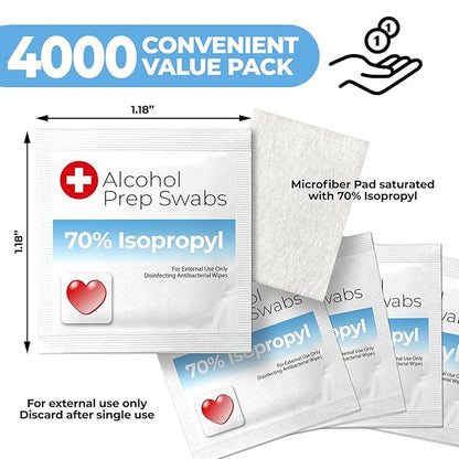 Alcohol Prep Pads - 70% Isopropyl Alcohol Wipes, 4000 Pack Individually Wrapped Alcohol Pads Bulk - Great for Home, Medical and First Aid Kits