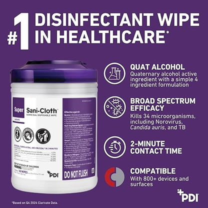 Professional Disposables Surface Disinfectant Super Sani-Cloth Wipes, 160Count