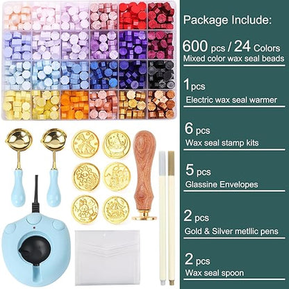 Wax Seal Kit with 24 Colors Wax Seal Beads 600pcs, 6PCS Wax Seal Stamps, Electric Sealing Wax Warmer, Envelopes and Wax Seal Metallic Pen for Gift and Decoration (Cartoon)