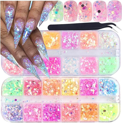 Holographic Nail Art Glitter Iridescent Flakes Nail Foil 12 Grids and Mermaid Flake Glitter Sequins 12 Grids,Colorful Fluorescent Glass Acrylic Nails Supplies Sticker for Make Up