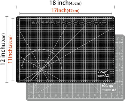 Ecraft Self Healing Cutting Mat:18"x12" Double Sided 5-Ply Hobby Mat, A3 Rotary Cutting Sewing Mat for Crafts, Fabric,Sewing,Quilting,Scrapbooking,Projects,Grey/Black
