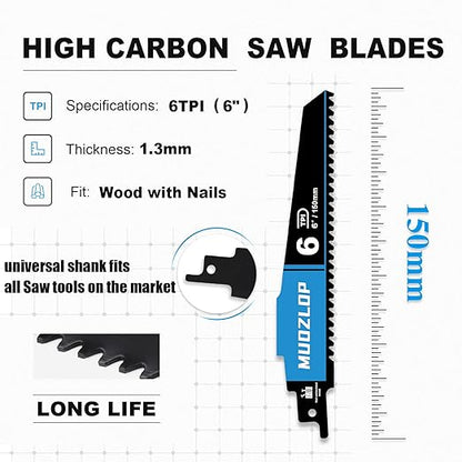 3 Pack 6 inch Reciprocating Saw Blades Set，6 TPI High Carbon Saw Blades for Wood with Nails，Saw Blades with Organizer Case (3, 6T/6inch)