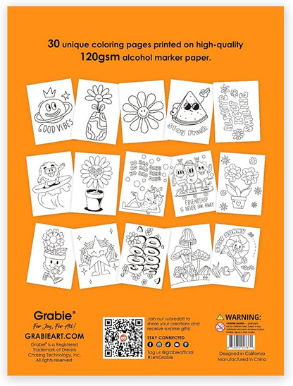 Grabie Easy Coloring Book for Adults Relaxation,Simple Mindful Coloring Pages for Alcohol Markers,Stress Relief Themes Flowers,Mushrooms,Monsters and More,Cute Designs(Feel Good with Color,30 Sheets)