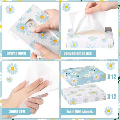 Yinder 24 Packs 960 Sheets Tissue Cube Car Facial Boxes Disposable Facial Travel Tissues Holder Soft Watercolor Boxes 2 Ply 40 Sheets for Wedding Household Car Kitchen Bathroom(Fresh Daisy)