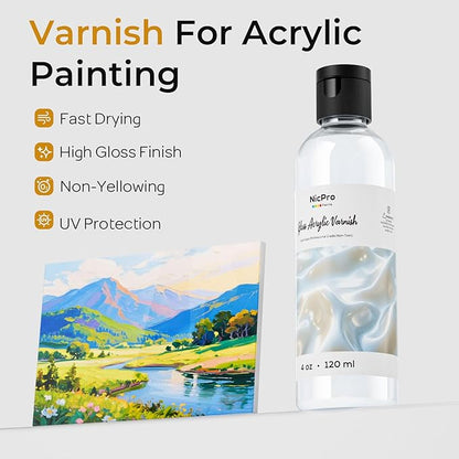 Nicpro Gloss Varnish for Acrylic Painting 4oz, Non-Yellowing, Non-Toxic, Anti-Crazing, Clear Acrylic Varnish for Pro Artist, Hobby Painter on Canvas Artwork, Acrylics Paint, Wood, High Gloss Finish