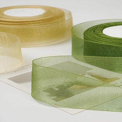 Green Ribbon for Gift Wrapping, 1 inch 50Yard Sage Green Sheer Organza Ribbon for Flower Bouquet, Crafts, Gifts Wrap Chiffon Fabric Ribbons for Birthday, Wedding, Christmas, Easter Decoration