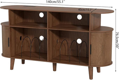 Large Round Record Player Stand with Charging Station & USB Ports，Record Storage Cabinet, Mid Century Modern Turntable Stand for Bedroom Living Room (Walnut)