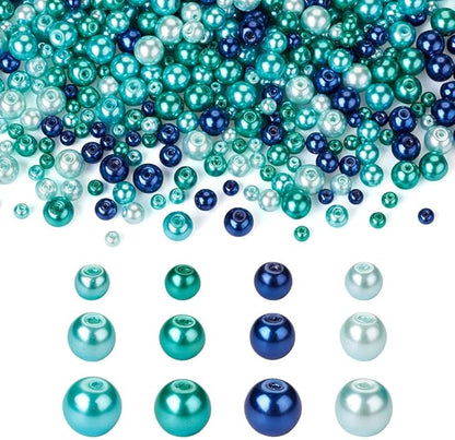 1840Pcs 4/6/8mm Glass Pearl Beads Pearlized Beads Multi Colors Round Spacer Beads for DIY Craft Jewelry Making Hole: 1mm, Mixed Blue