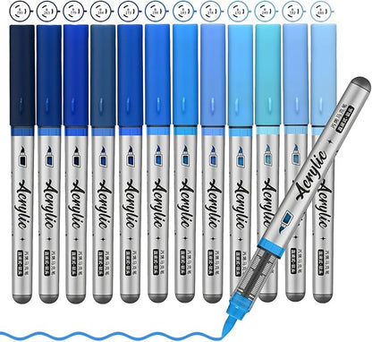 Blue Acrylic Paint Pens,12 Color Paint Pens Markers,Brush Tip Paint Pens for Rock Painting Wood Glass Ceramic Canvas Stone DIY Crafts Making Art Supplies