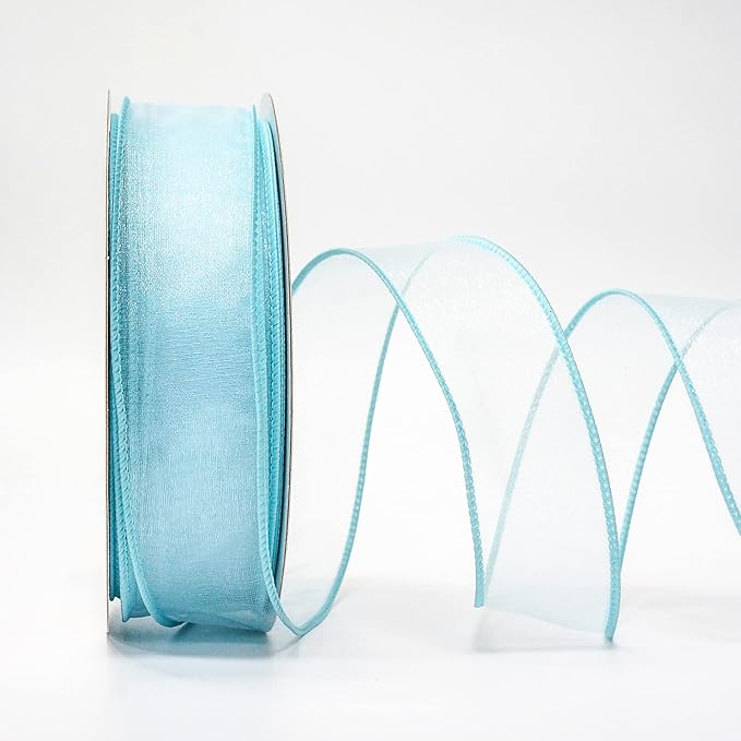 CT CRAFT LLC Sheer Organza Wired Ribbon 1.5" x 50Yards Blue for Wedding Chair Bow Flora Bouquet Gift Wrapping Christmas Tree Home Decor Wreath