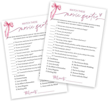 Bridal Shower Games Cards, Match These Movie Quotes, 25 Cards with 1 Answer Card, Engagement Party Games for Guests, Pink Ribbon Bow Wedding Party Supplies - E09