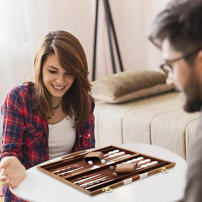 Backgammon Set - Classic Board Game with Premium Leather Case - Portable Travel Strategy Backgammon Game Set for Adults, Kids (18inch, Khaki)