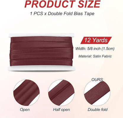 MECCANIXITY Double Fold Bias Tape for Sewing 5/8 Inch x 12 Yards Satin Pre-fold Continuous Binding Tape for Seaming Quilting Hemming Binding DIY Crafts, Wine Red