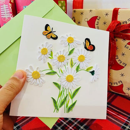 Quilling Cards, handmade card, quilled cards with Dedicated Paper Handmade Art for all occasions: Mother's day, Father's day, Birthday... daisy bouquet (With butterflies)