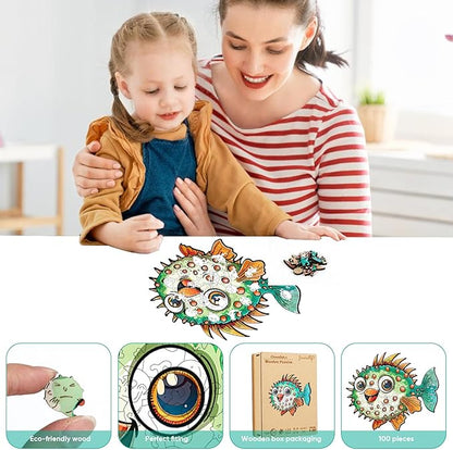 Wooden Puzzles for Kids, 100 Pieces Ocean Puzzle, Unique Fish Shaped Wooden Puzzle, Preschool Puzzle Toys, Give Your Kids/Grandchildren, Suitable for Family Games
