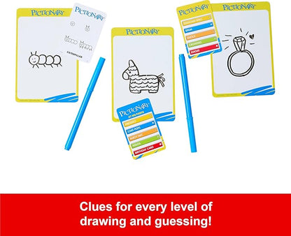 Mattel Games Pictionary Family Board Game for Kids, Adults and Game Night for 2 Teams with Erasable Markers, Boards and Sand Timer
