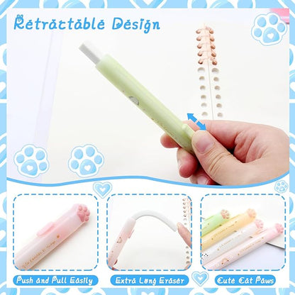 Benvo Retractable Cat Paw Erasers 4 Pcs with Refillable Rubbers Slim Erasers for Precise Erasing, Cute Eraser for Students, Artists, Office Use