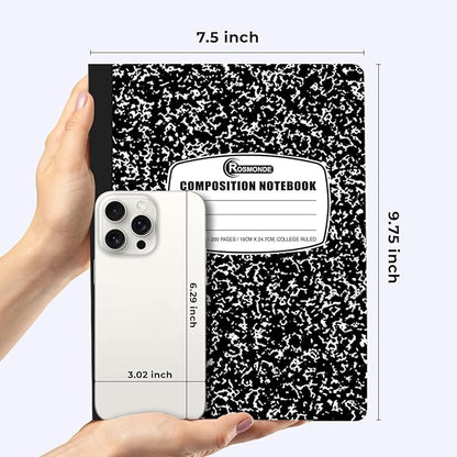 Rosmonde College Ruled Composition Notebooks 5 Pack, 200 Pages (100 Sheets), 9-3/4" x 7-1/2", White & Black Marble Composition Book, Hard Cover, Sturdy Sewn Binding, School, College & Office Supplies