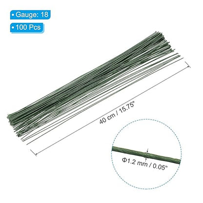 PATIKIL 18 Gauge 16" Floral Stem Wire, 100 Pcs Paper Wrapped Iron Artificial Flower Stem Accessories for DIY Bouquet Stem and Craft Decoration, Dark Green