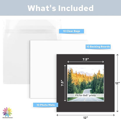Mat Board Center, Pack of 10, 12x12 for 8x8 Black Mat Kit - Acid Free, 4-ply Thickness, White Core - Includes Backing Boards and Clear Bags - for Pictures, Photos, Framing