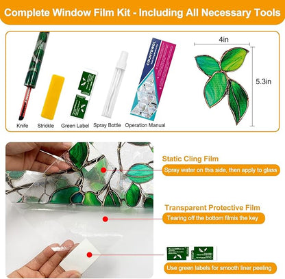 Window Privacy Film Stain Glass Window Film Rainbow Window Film Window clings Non-Adhesive Reusable Decorative for Room (Greenery Leaf, 35.4 x 78.7 in)