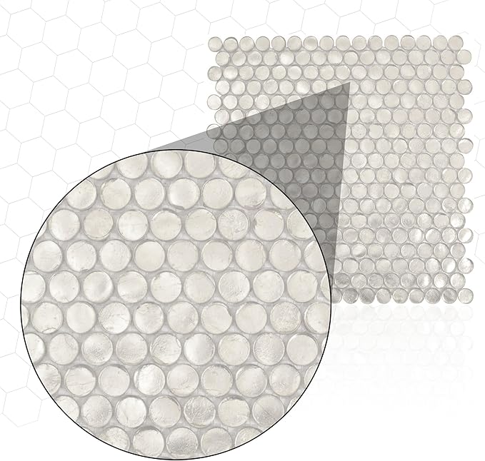 Silver Penny Round Mosaic Glass Tile – 12.2 x 12.2 Inch - 10 Sheet Pack - Luxurious Design for Bathroom Walls, Kitchen Backsplash, Shower Walls - Elegant Wall Decor - NOT Peel and Stick Tile