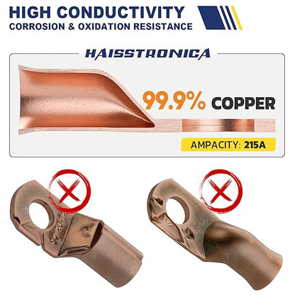 haisstronica 10pcs 1/0 AWG - 1/2" (M12) Tinned Copper Battery Lugs, Heavy Duty Copper Wire Lugs with 10pcs 3:1 Adhesive Heat Shrink Tubing, 0 Gauge Wire Lugs, Tinned Copper Battery Cable Ends
